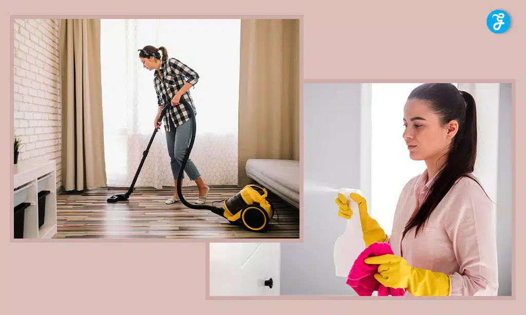 Woman is vacuuming a wooden floor