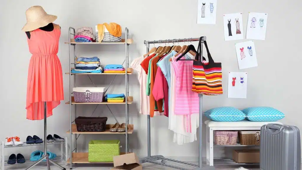 Fashion boutique setup with colorful dresses