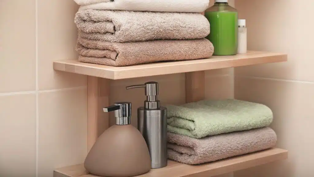 Bathroom shelf with neatly folded towels in neutral tones
