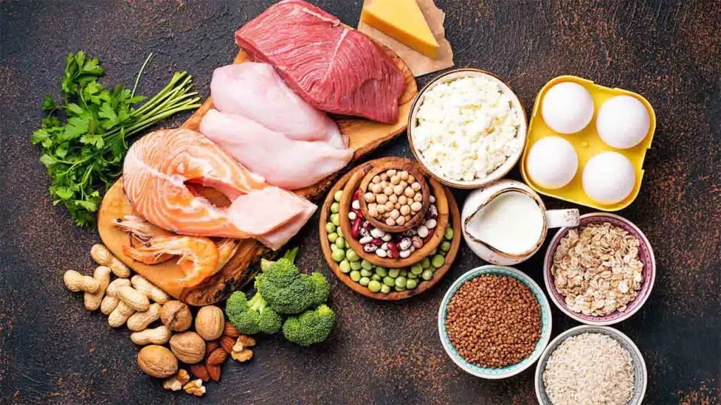 High-Protein Foods Including Meat, Fish, Eggs, and Nuts