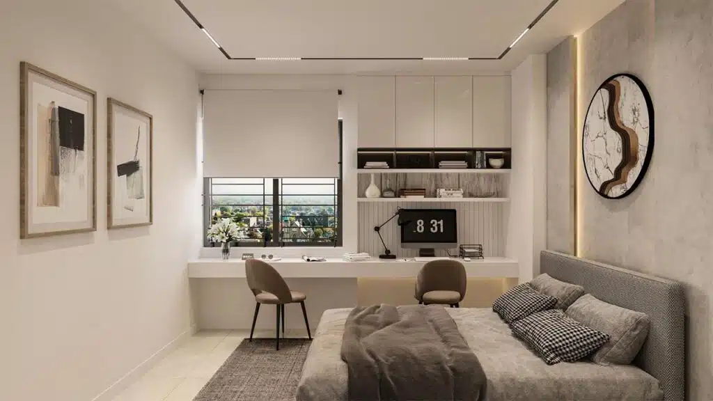 Modern bedroom with a cozy bed, sleek workspace, and large window offering a scenic view