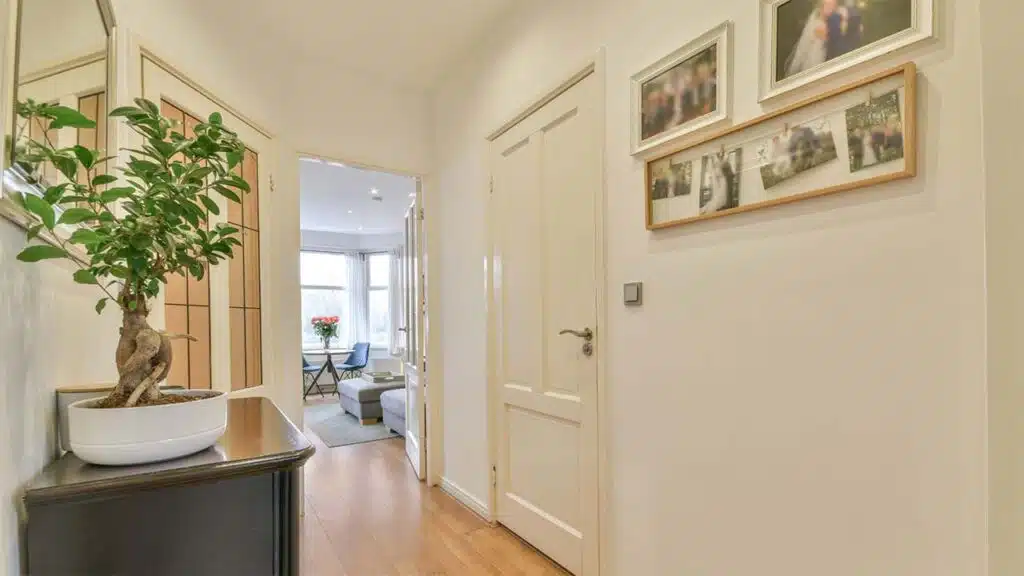 A cozy hallway with light wooden floors and soft cream walls. A small black table holds a bonsai tree, adding a touch of greenery.