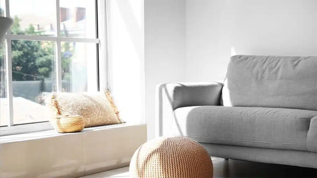 Bright minimalist living room with a gray sofa, sunlight, and cozy decor.