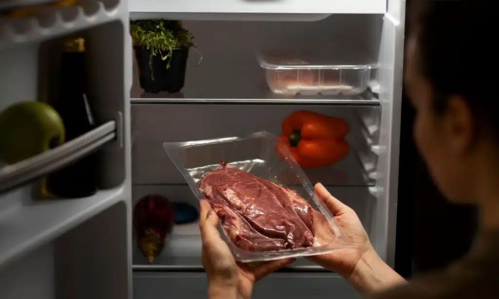 A person places a packaged piece of raw meat inside a refrigerator.