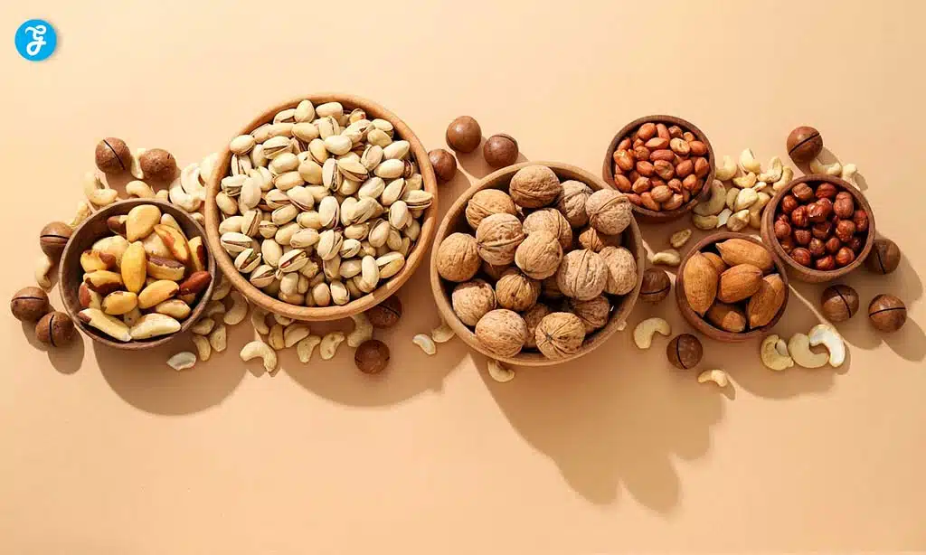 Assorted nuts, including pistachios, walnuts, almonds, and cashews