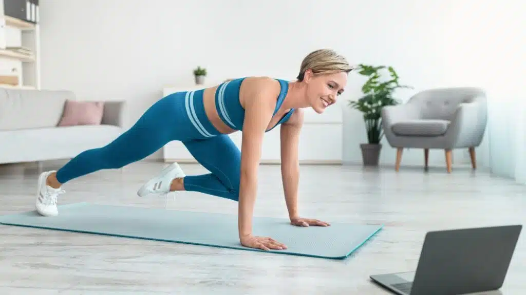 Highlights the convenience of home workouts and staying fit through online fitness programs