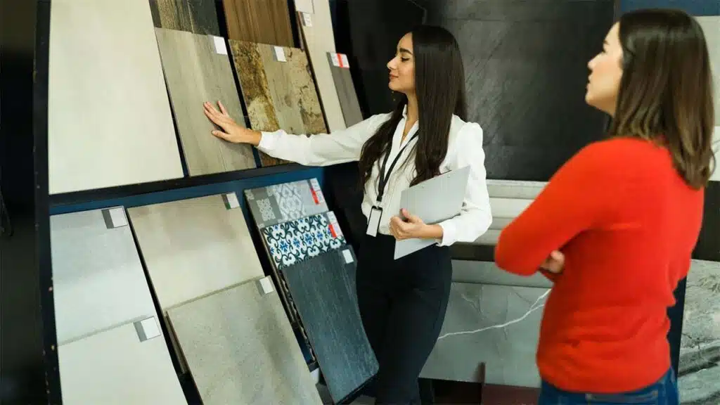 Two women in a tile showroom discussing flooring and wall tile options