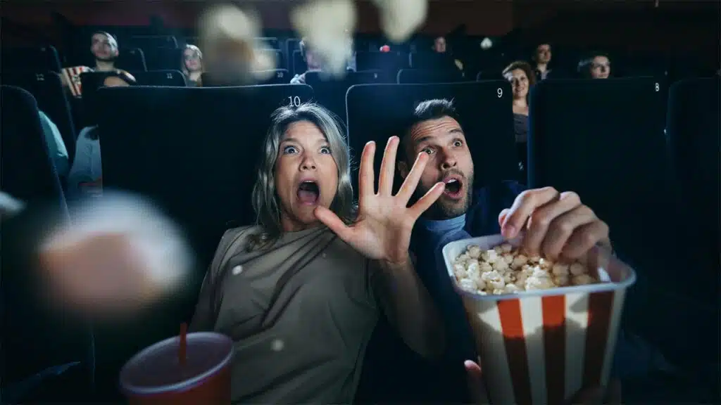 A couple in a movie theater, visibly startled by a scene
