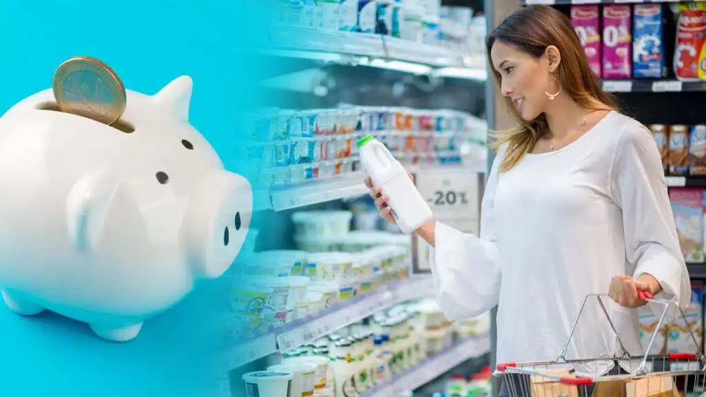A woman shops for dairy products while a piggy bank symbolizes saving money.