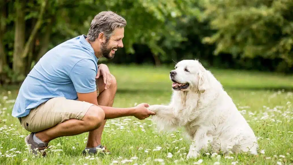Playful and trusting bond between the man and his dog