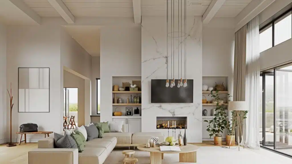 A modern, airy living room with a neutral color palette and a minimalist design