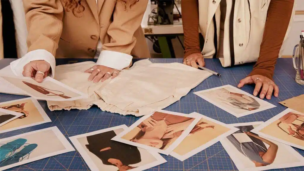Two individuals standing at a table, working on a design project