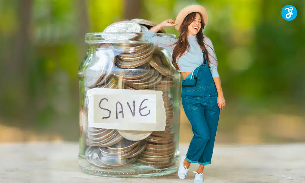 Woman in Casual Outfit Celebrating Savings with a Jar Full of Coins