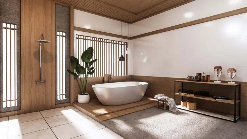 Minimalist bathroom features a sleek freestanding tub