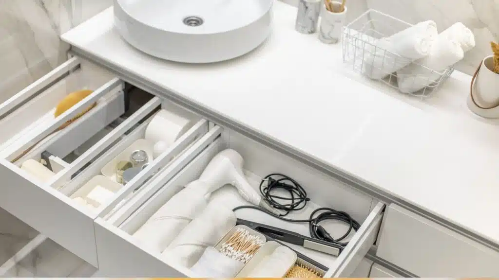 Organized bathroom vanity with open drawers showing neatly arranged items like a hairdryer