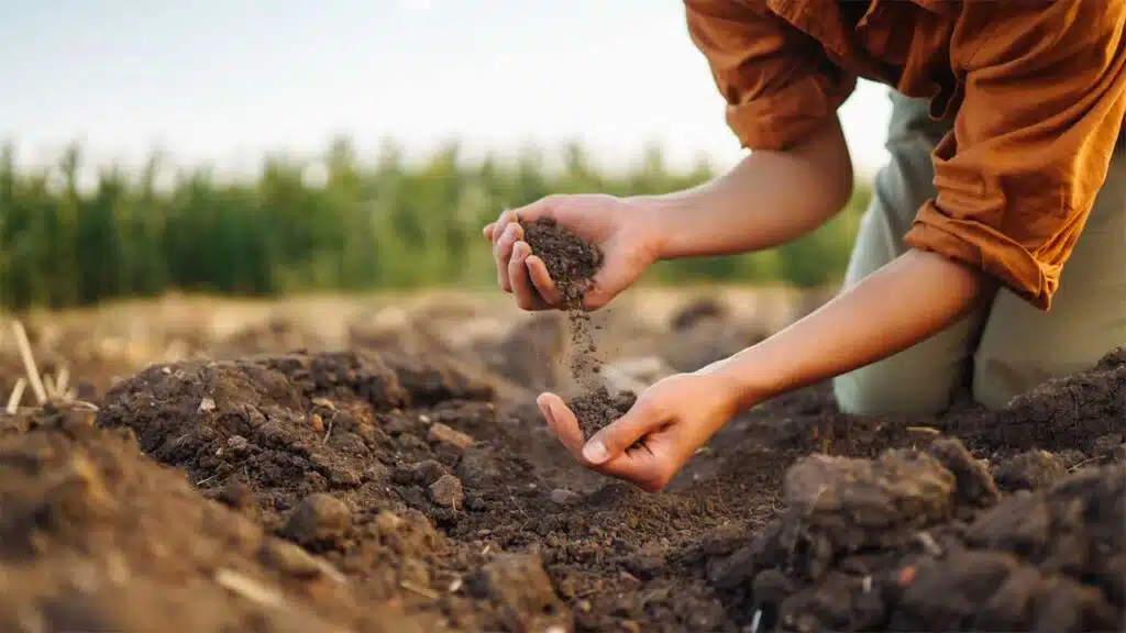 Farmer examining soil in a field, preparing for planting, with crops visible in the background