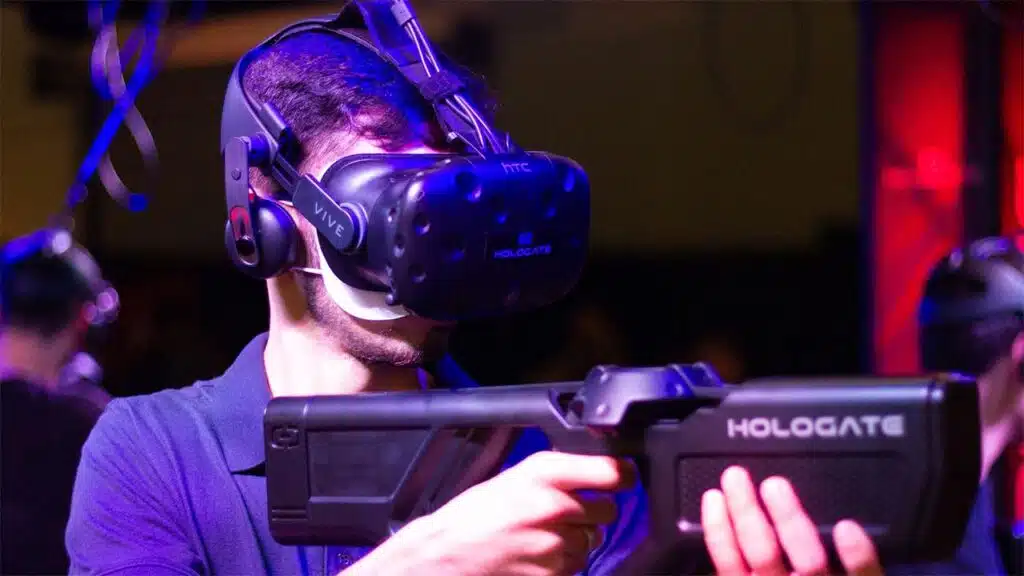 Virtual reality gaming experience wearing HTC Vive headset