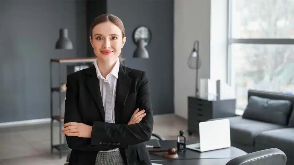 A confident businesswoman stands in a modern office