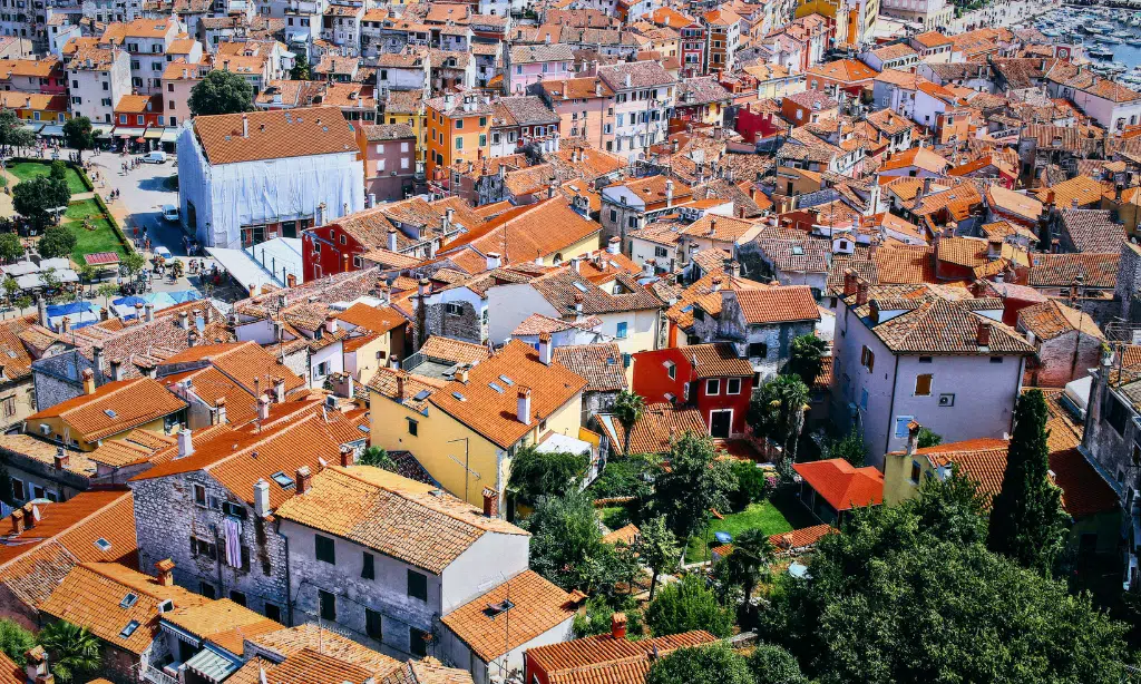 Aerial View of City Buildings and Houses in Rovinj, Croatia