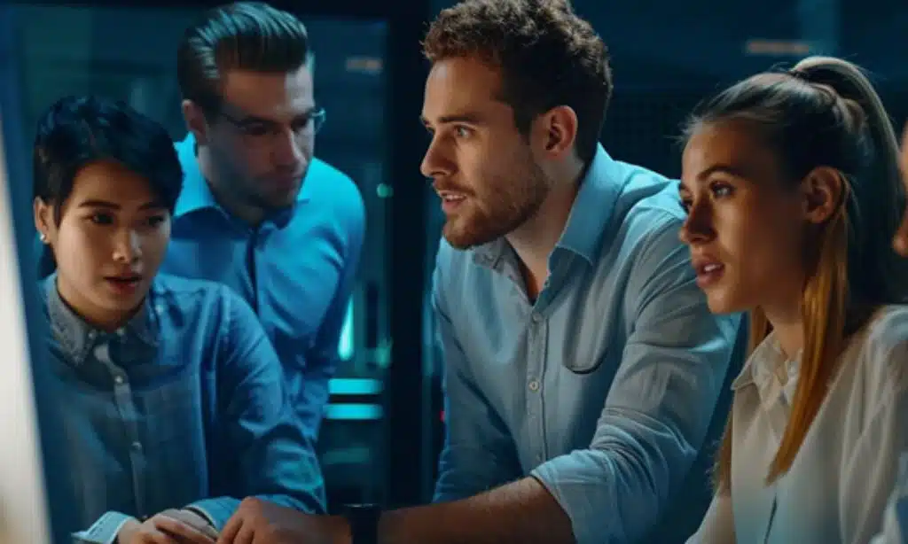 A diverse group of individuals gathered around a computer screen, engaged in discussion and observation.