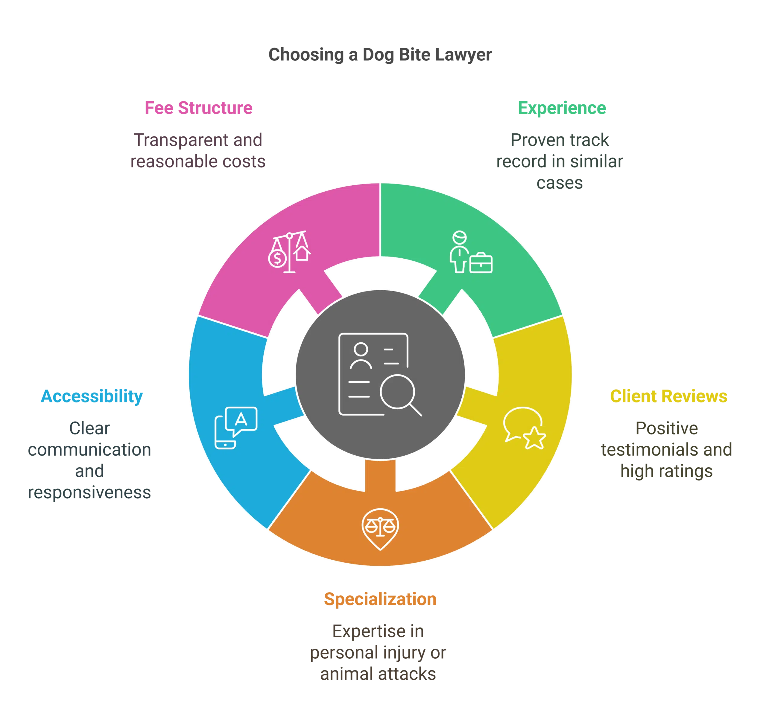 What to Look for in a Dog Bite Lawyer Experience Choose a lawyer with a proven track record in handling dog bite and personal injury cases. Look for attorneys who have successfully settled or litigated cases similar to yours. Client Reviews Positive testimonials and high ratings reflect a lawyer’s ability to deliver results and provide excellent service. Online platforms like Avvo and Google Reviews can be valuable resources for checking client feedback. Specialization Lawyers who specialize in personal injury or animal attack cases are better equipped to handle the complexities of dog bite claims. Specialization often translates to better strategies and stronger case outcomes. Accessibility A responsive and approachable lawyer ensures clear communication and keeps you informed throughout your case. Prioritize lawyers who offer prompt responses and flexible appointment scheduling. Fee Structure Most dog bite lawyers work on a contingency fee basis, meaning they only get paid if you win. Ensure their fee structure is transparent and reasonable to avoid unexpected costs.