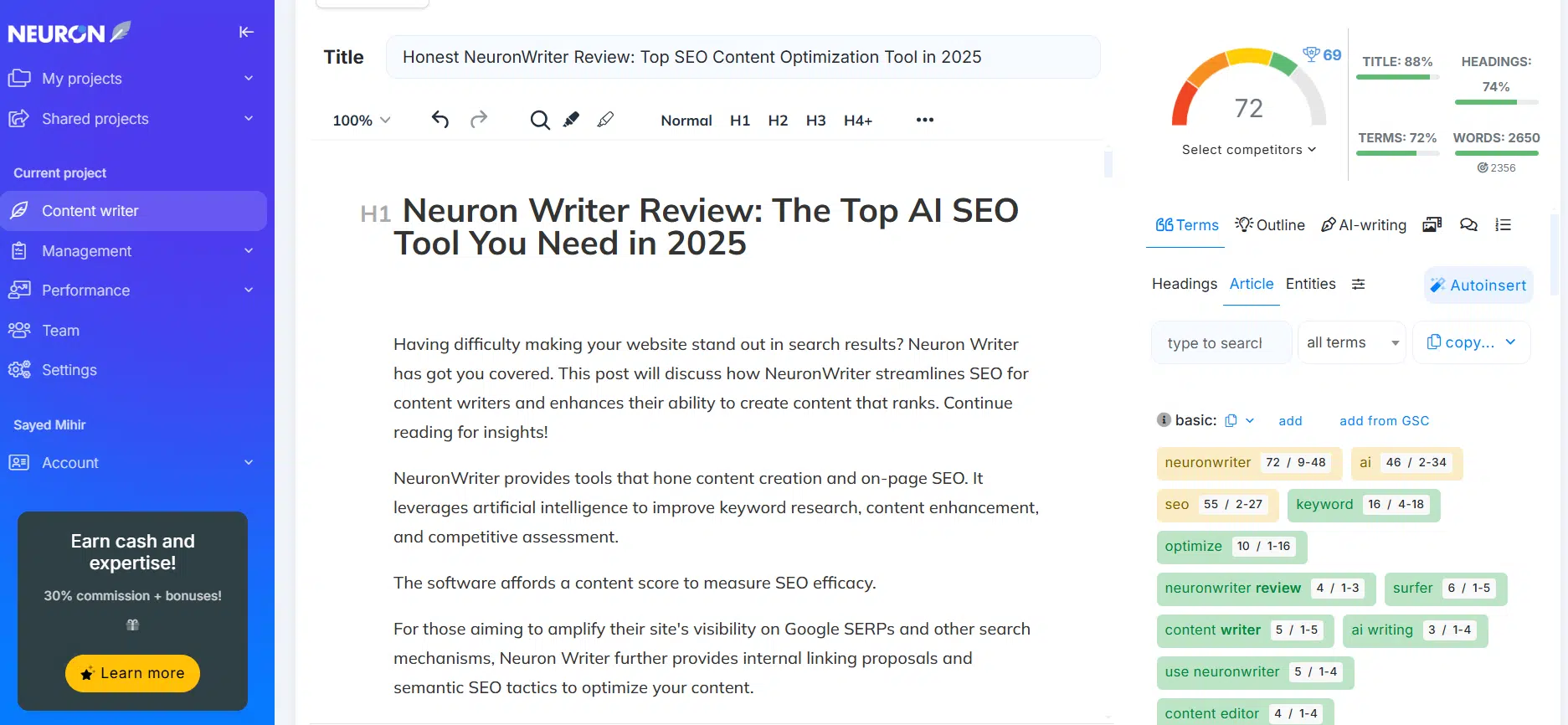 Content Score in NeuronWriter