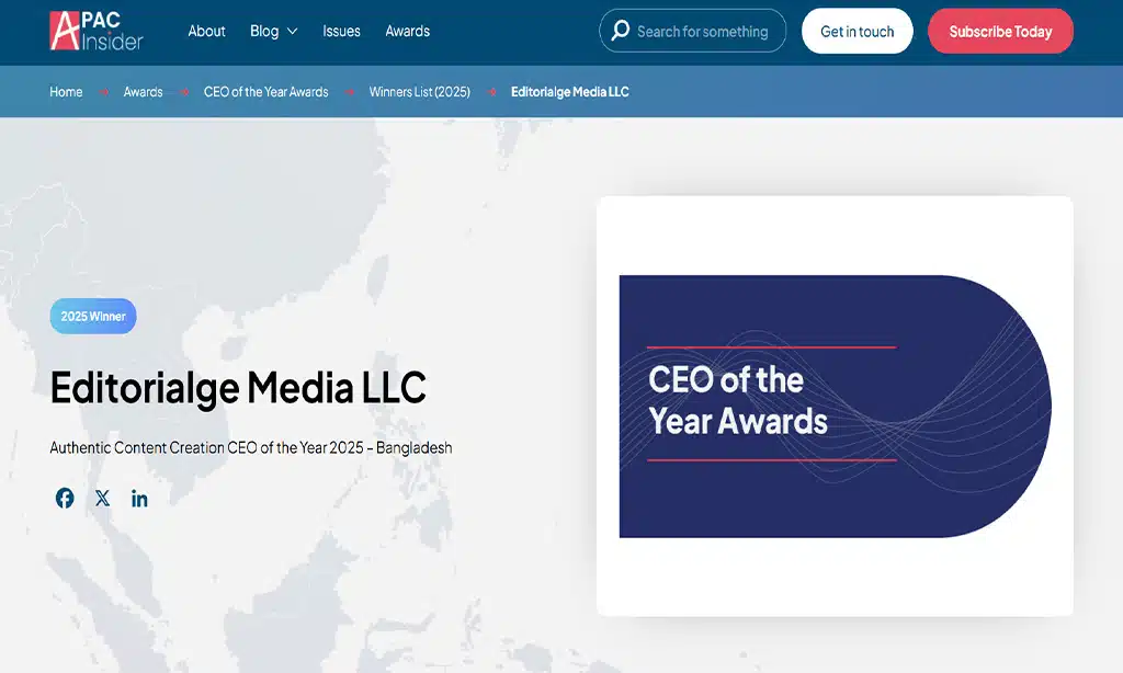 Editorilage Media LLC and the CEO Sukanta Kundu Achieved the APAC CEO of the Year Awards 2025