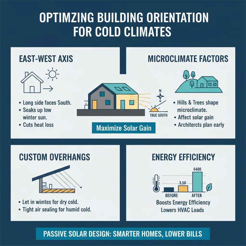 How can I optimize building orientation for cold climates