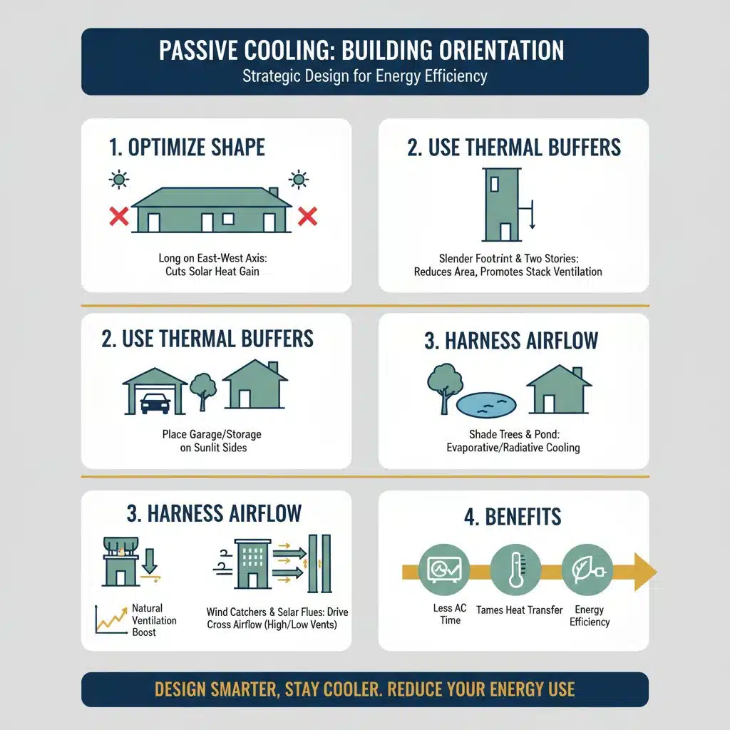 How can building orientation optimize passive cooling