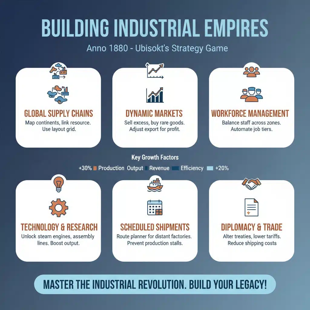 How can you build industrial empires across continents in Anno 1800