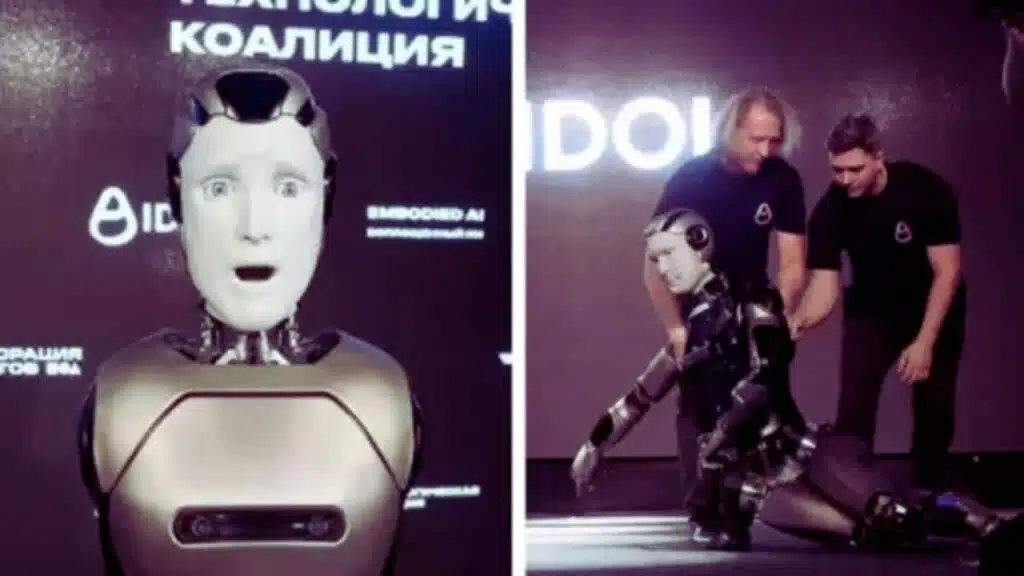 russian ai humanoid robot falls flat onstage