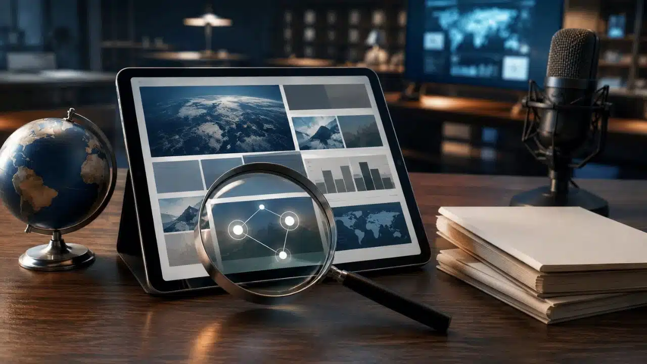 General News Logicalshout represented by a tablet, magnifying glass, globe, source documents, and microphone to help readers visualize verified multimedia journalism.