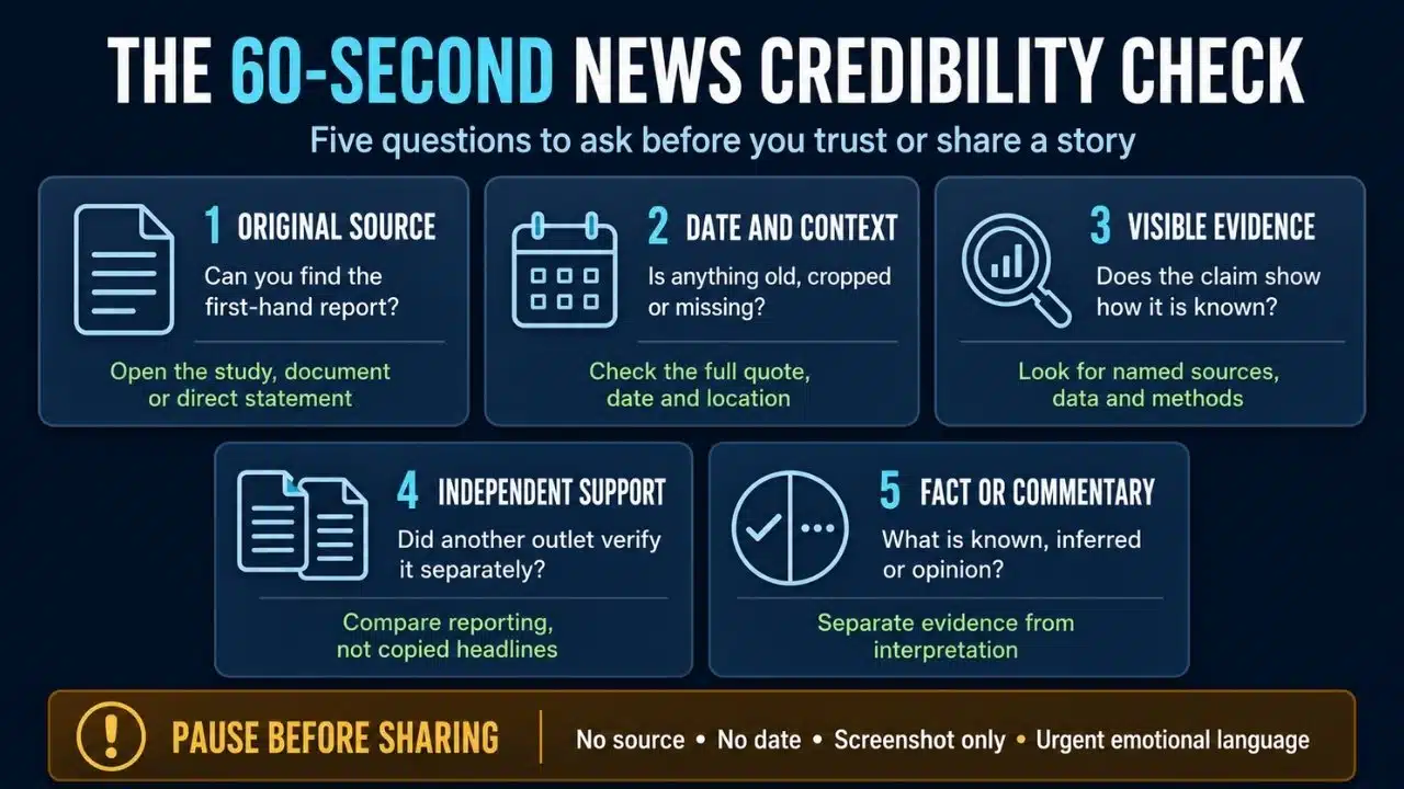 News credibility check infographic showing five questions for evaluating sources, context, evidence, independent support, and commentary before sharing a story.