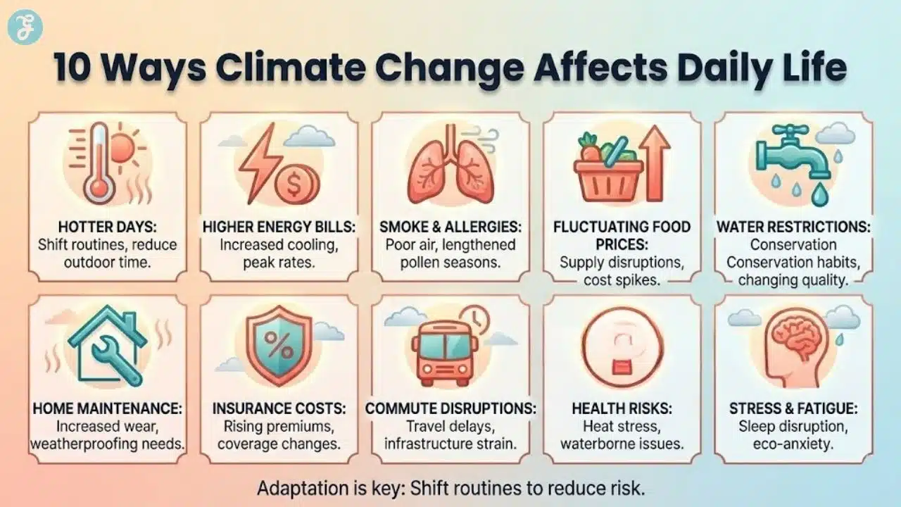 A landscape infographic titled "10 Daily Effects of Climate Change," featuring icons representing heat, energy bills, air quality, food prices, water restrictions, home maintenance, insurance, travel, health, and stress.