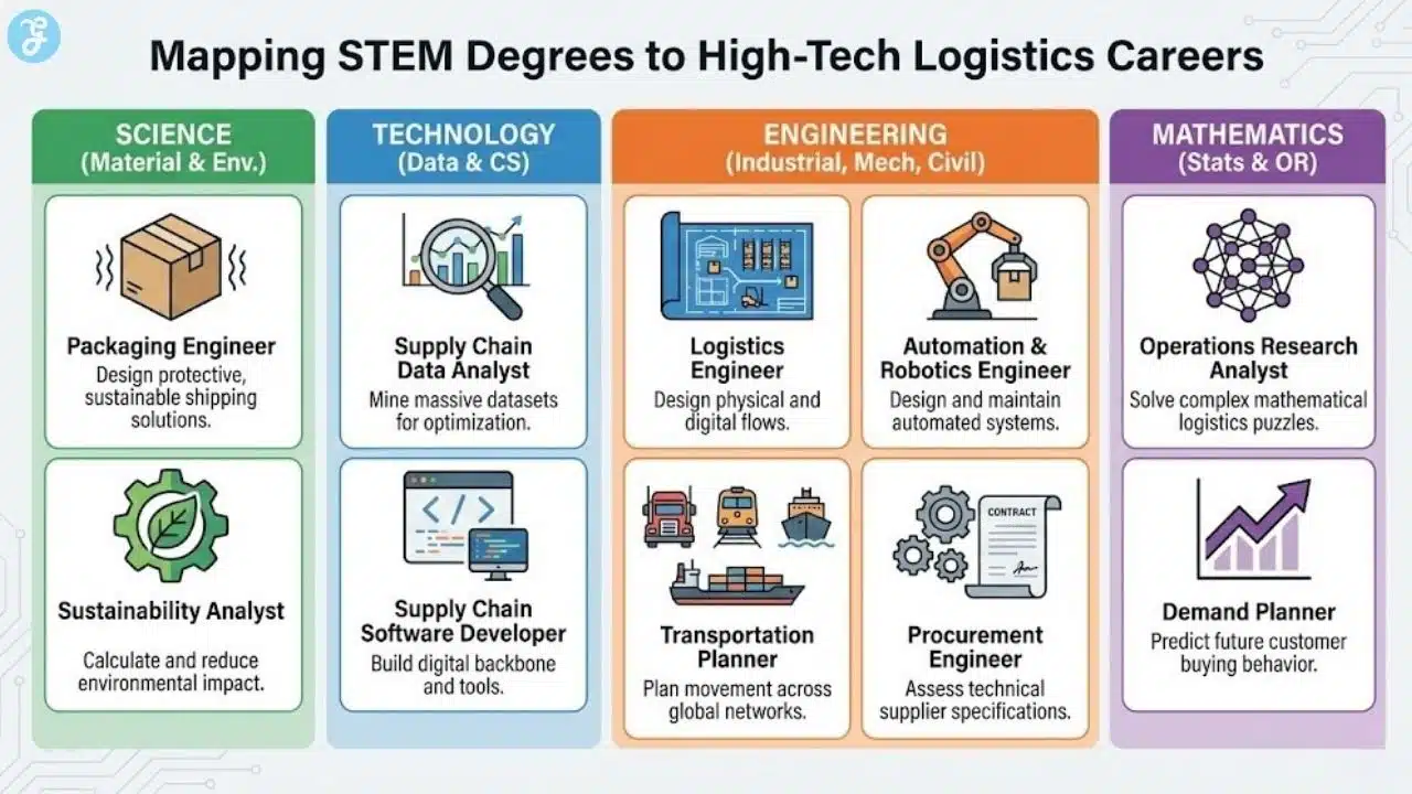 Infographic mapping 10 logistics career paths, such as Data Analyst, Robotics Engineer, and Demand Planner, categorized by Science, Technology, Engineering, and Mathematics disciplines.