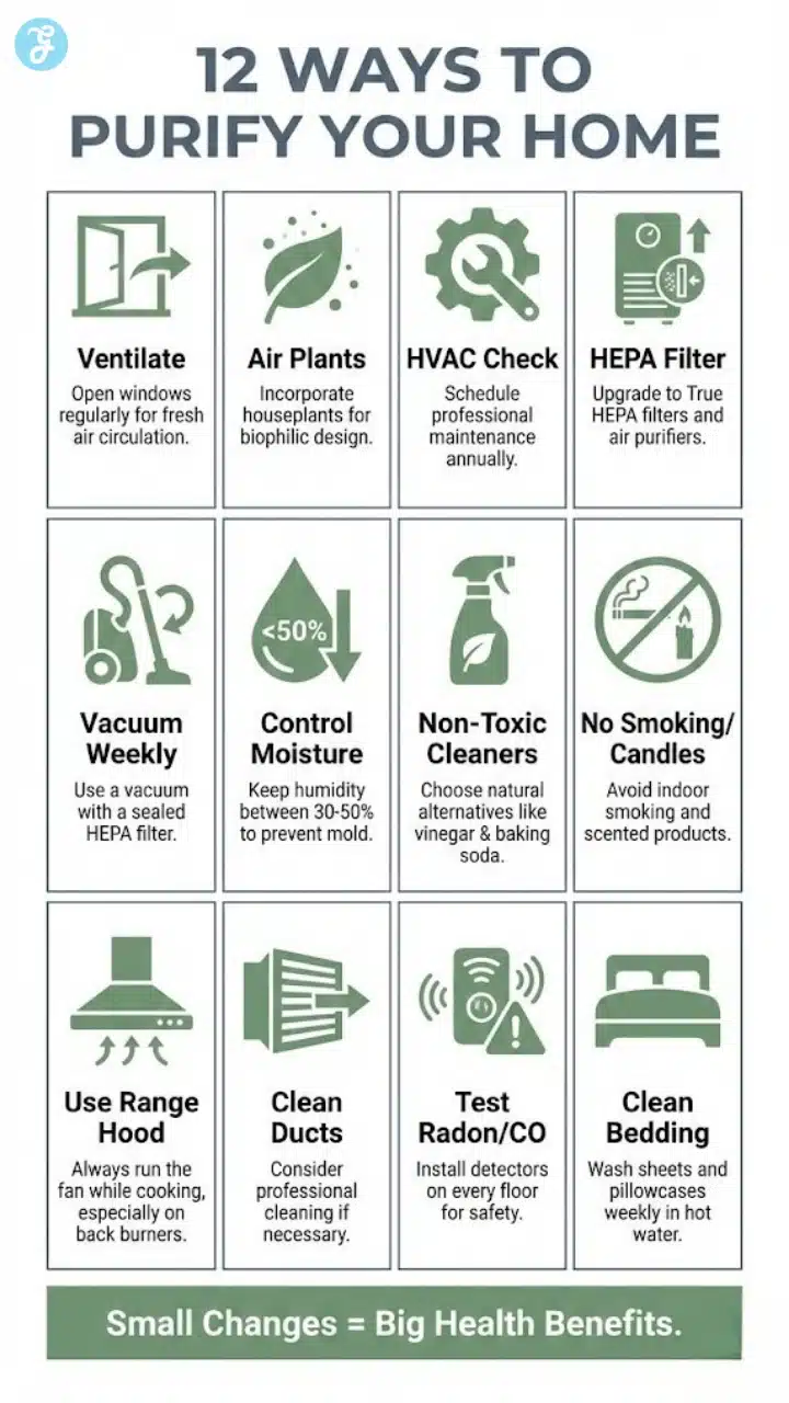 A checklist-style infographic displaying 12 actionable tips to improve indoor air quality, using icons for ventilation, cleaning, and maintenance.
