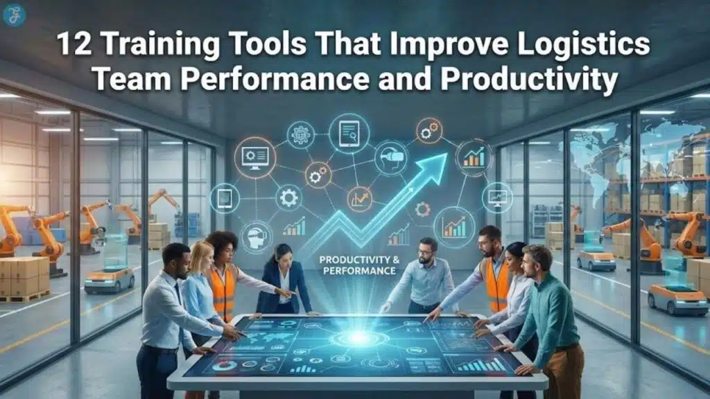 Modern logistics warehouse team collaborating over a digital interface, illustrating 12 training tools that improve logistics team performance and productivity.