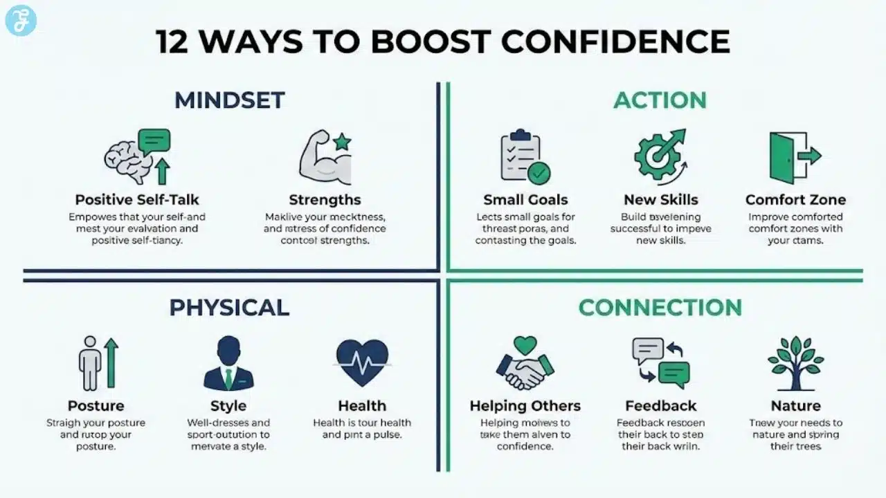Infographic titled "12 Ways to Boost Confidence Naturally" featuring icons for mindset, action, physical health, and social connection.