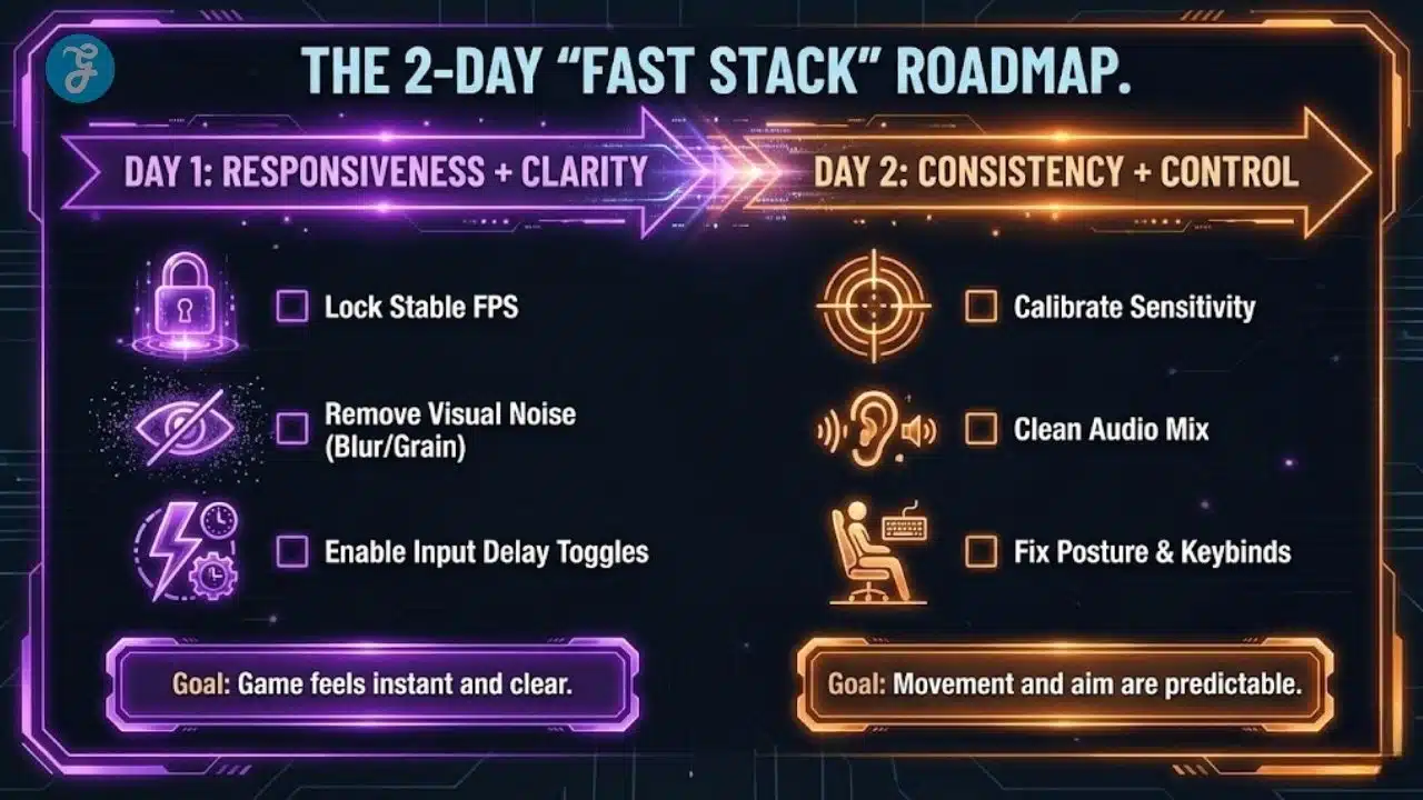 A horizontal timeline infographic titled "The 2-Day Fast Stack Roadmap" outlining a 48-hour plan to improve gaming performance. The visual divides the plan into two sections: Day 1 focuses on "Responsiveness & Clarity" (locking FPS, removing visual noise, input delay), while Day 2 focuses on "Consistency & Control" (sensitivity calibration, audio mix, posture).