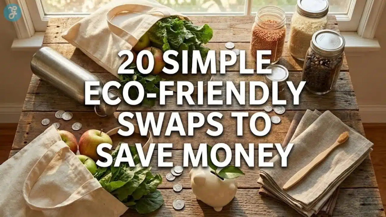 Flat lay of reusable items like tote bags and glass jars on a rustic table with a piggy bank, titled 20 Simple Eco-Friendly Swaps to Save Money.