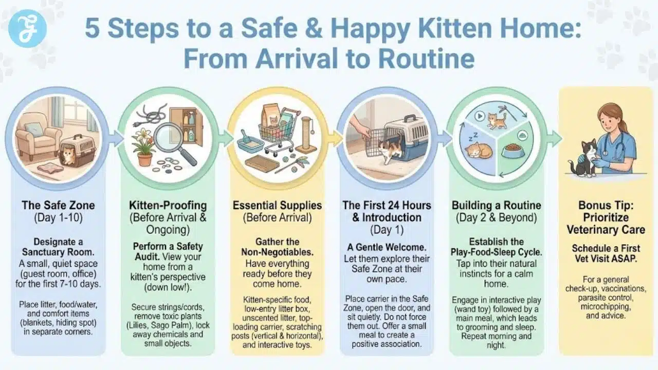 5 Steps to a Safe & Happy Kitten Home" displaying a timeline guide. Steps include: 1. Designating a Safe Zone, 2. Performing a Safety Audit, 3. Gathering Essential Supplies, 4. The First 24 Hours, and 5. Establishing a Play-Food-Sleep Routine.
