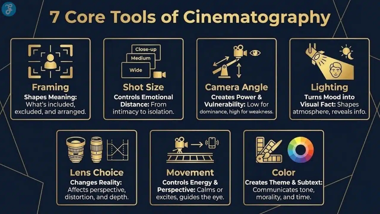 An infographic detailing the 7 core tools of cinematography including framing, shot size, camera angle, lighting, lens choice, movement, and color