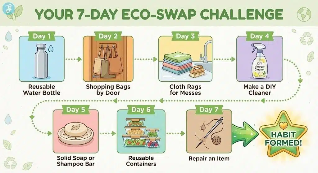 7-day calendar timeline illustrating a beginner eco-swap challenge, starting with water bottles and ending with repairing items.
