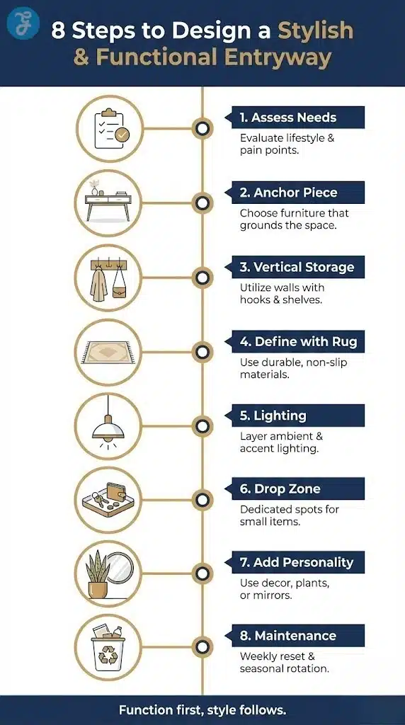 Vertical infographic illustrating an 8-step roadmap to designing a stylish entryway, covering steps from assessing lifestyle needs and lighting to adding personality and maintenance.