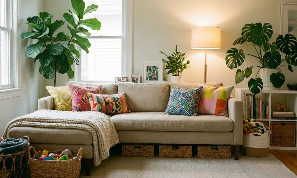 A chic living room featuring neutral furniture, woven baskets, and indoor plants