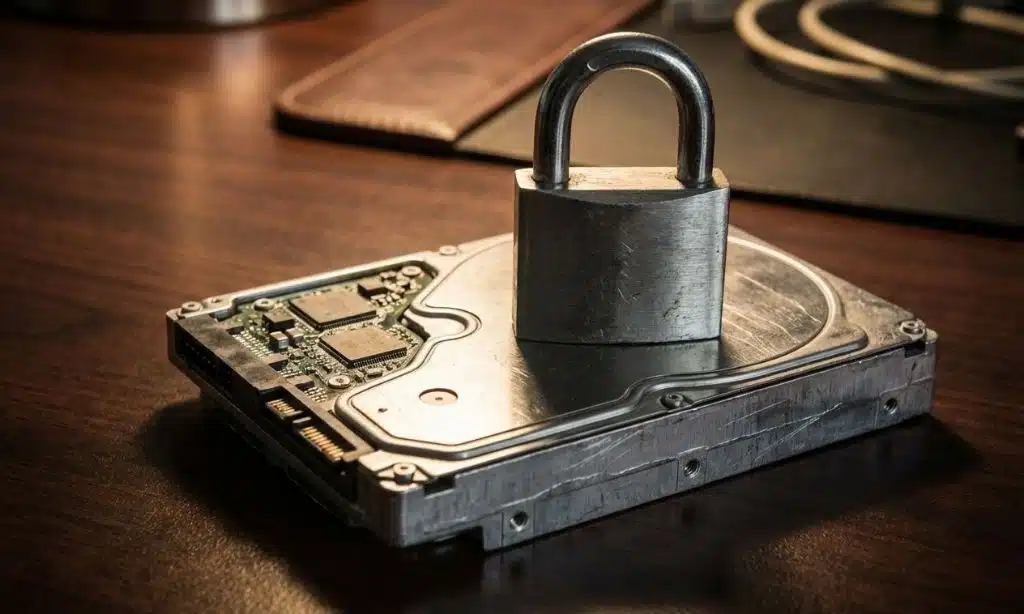 A computer hard drive with a heavy padlock on top representing data security