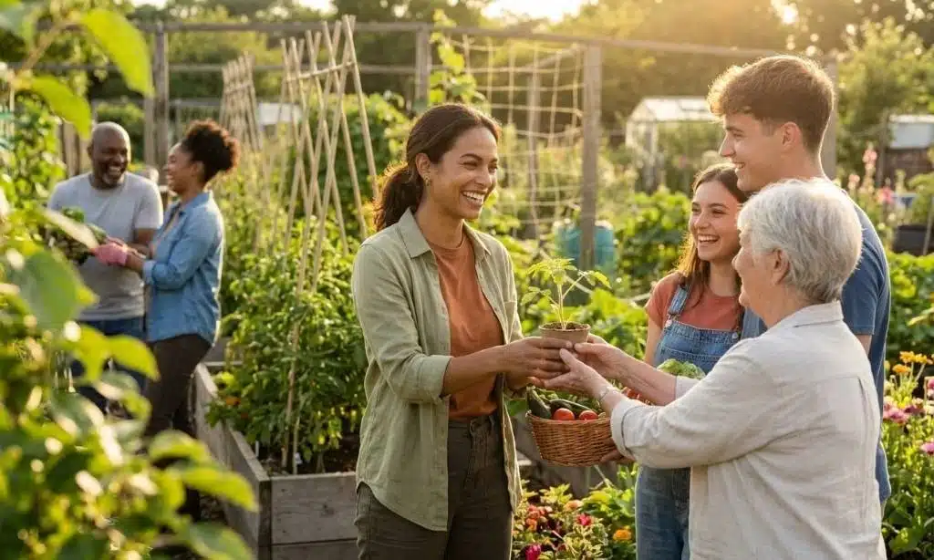 A diverse group of neighbors interacting happily in a community garden