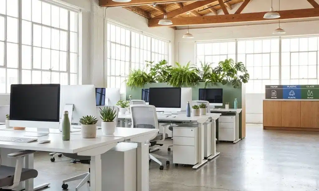 A modern, eco-friendly office interior with natural light and indoor plants
