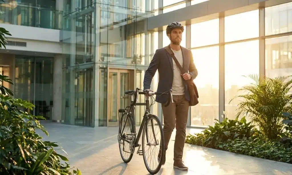 A professional employee arriving at the office with a bicycle