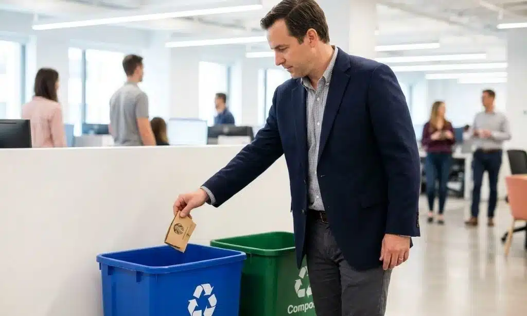 An office worker sorting waste into clearly labeled recycling and compost bins